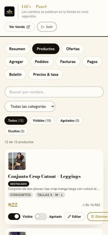 Lili's Boutique admin panel on a phone