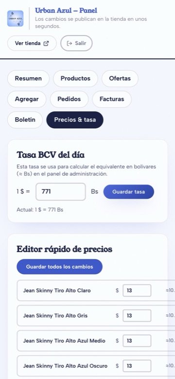 Urban Azul admin panel on a phone